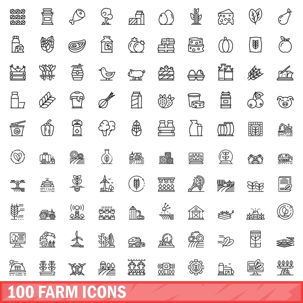 100 Farm-Icons gesetzt, Umrissstil vektor