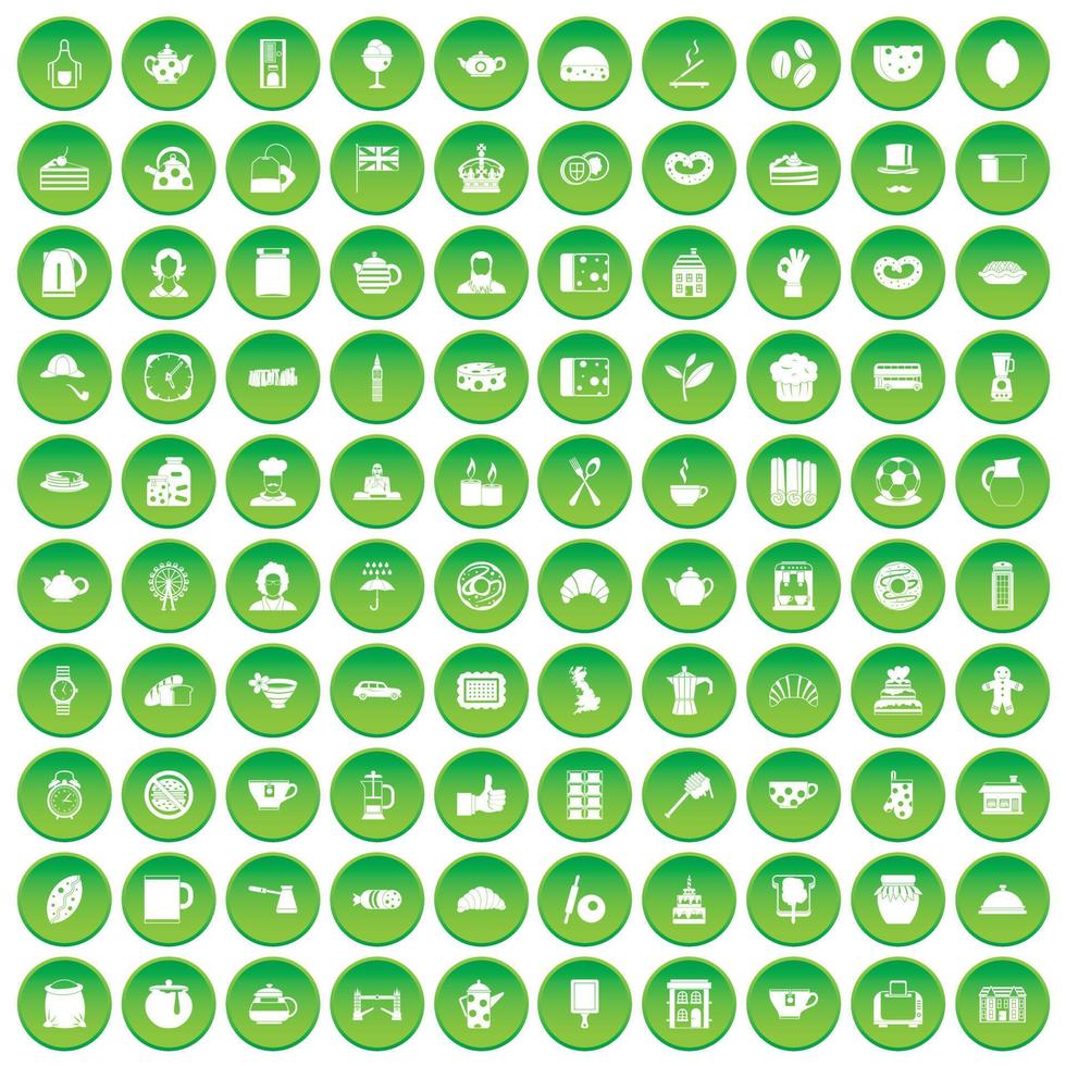 100 Teezeit-Lebensmittelikonen setzen grünen Kreis vektor