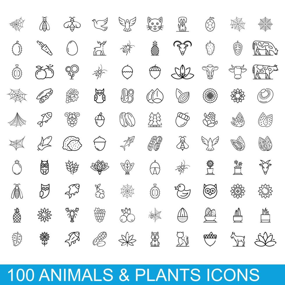 100 Tier- und Pflanzensymbole gesetzt, Umrissstil vektor