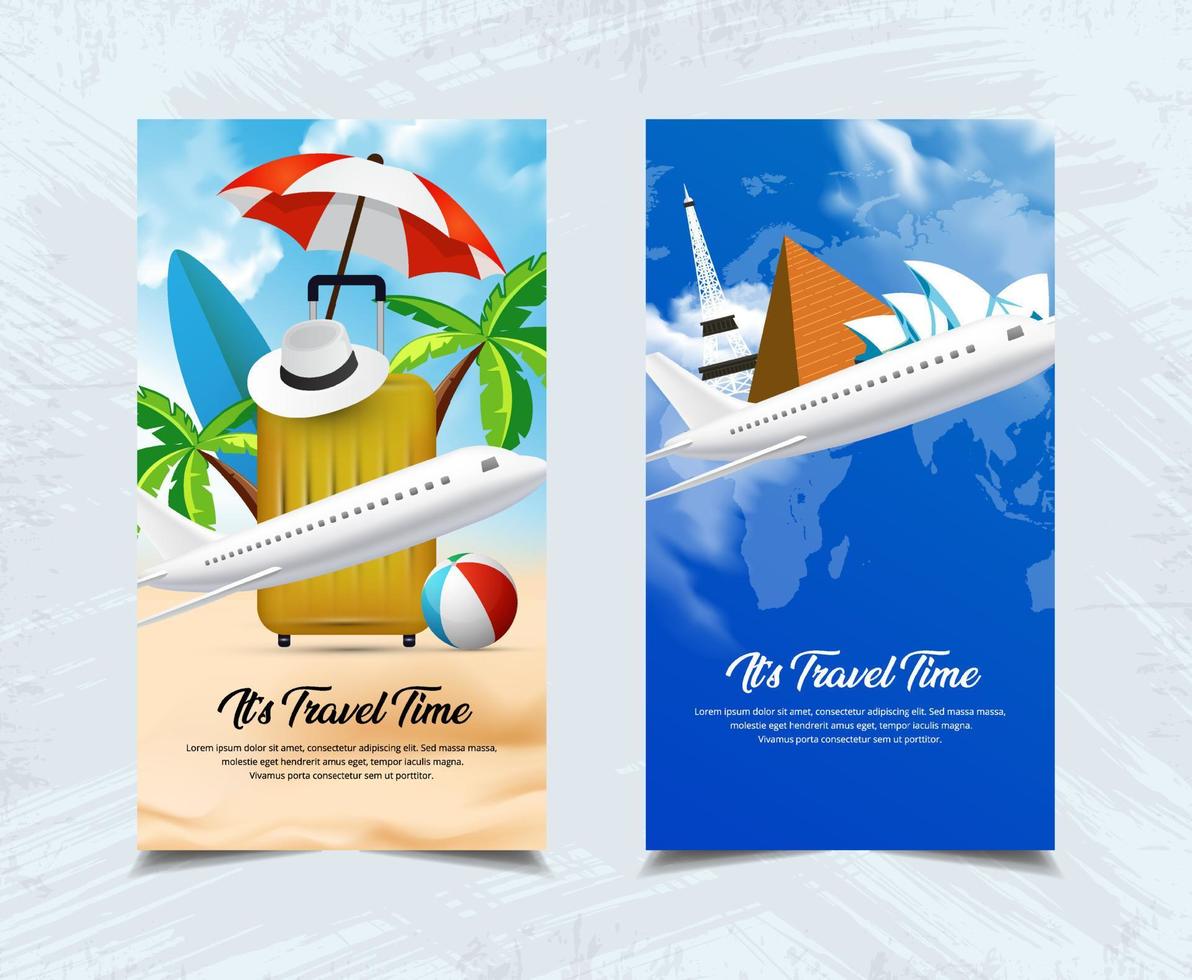 es ist reisezeit-designvorlagen-geschichtensammlung mit sandstrand, blauem himmel und flugzeugvektor. vektor