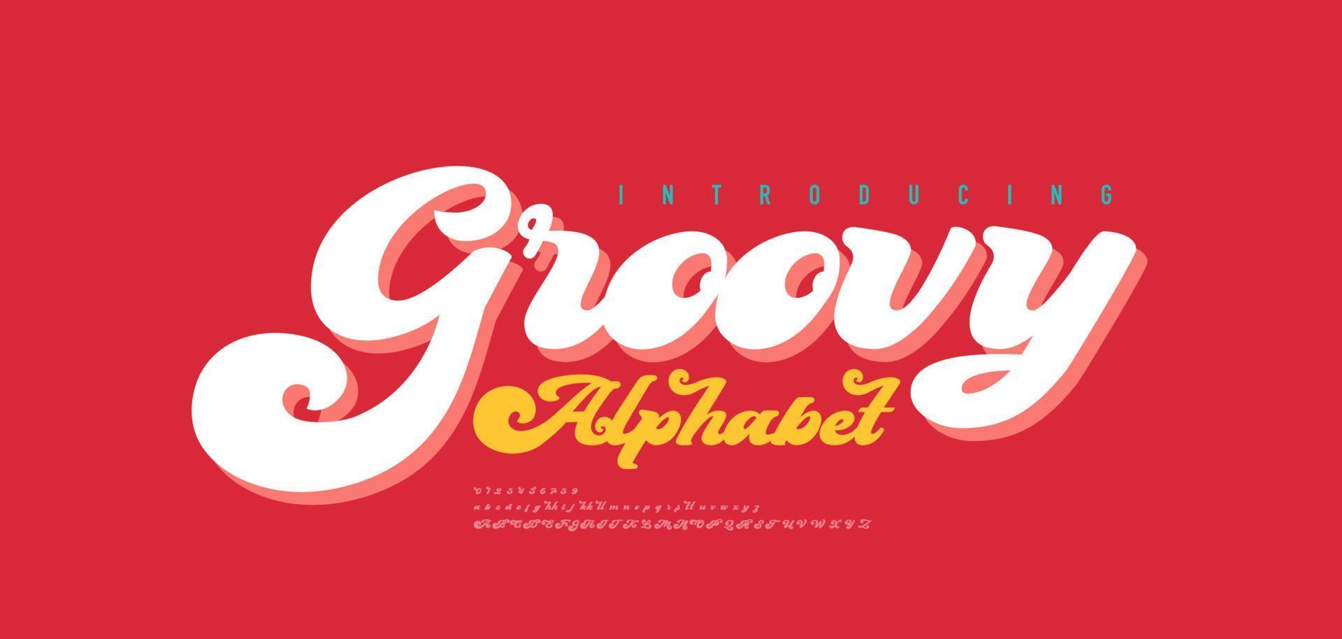 70-tal retro groovy alfabetet teckensnitt och nummer. typografi dekorativa teckensnitt vintage koncept. inspirerande slogantryck med hippiesymboler för grafisk t-shirt eller logotyp. vektor illustration