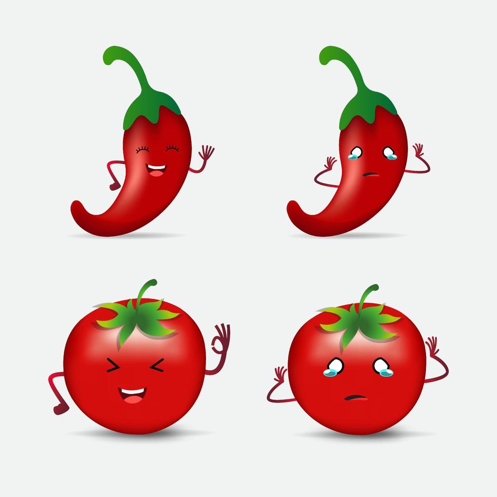 sammlung von roten chili- und tomaten-cartoon-charakter-design-ikonen. glücklicher, wütender und trauriger unterschiedlicher Ausdruck des roten Chili- und Tomatenvektors. vektor