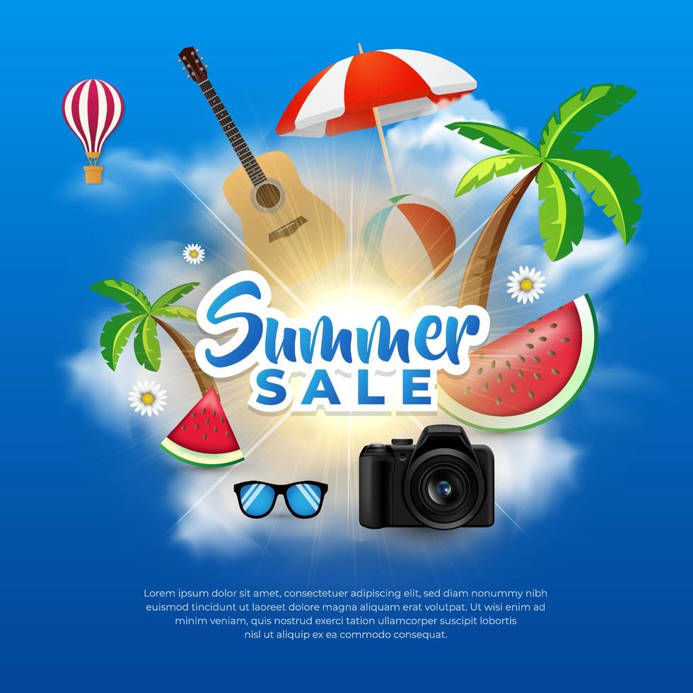 fantastisk och otrolig sommarreadesignbakgrundsvektor med vattenmelon, kamera, glasögon, gitarr, badboll och paraplystrandvektor vektor