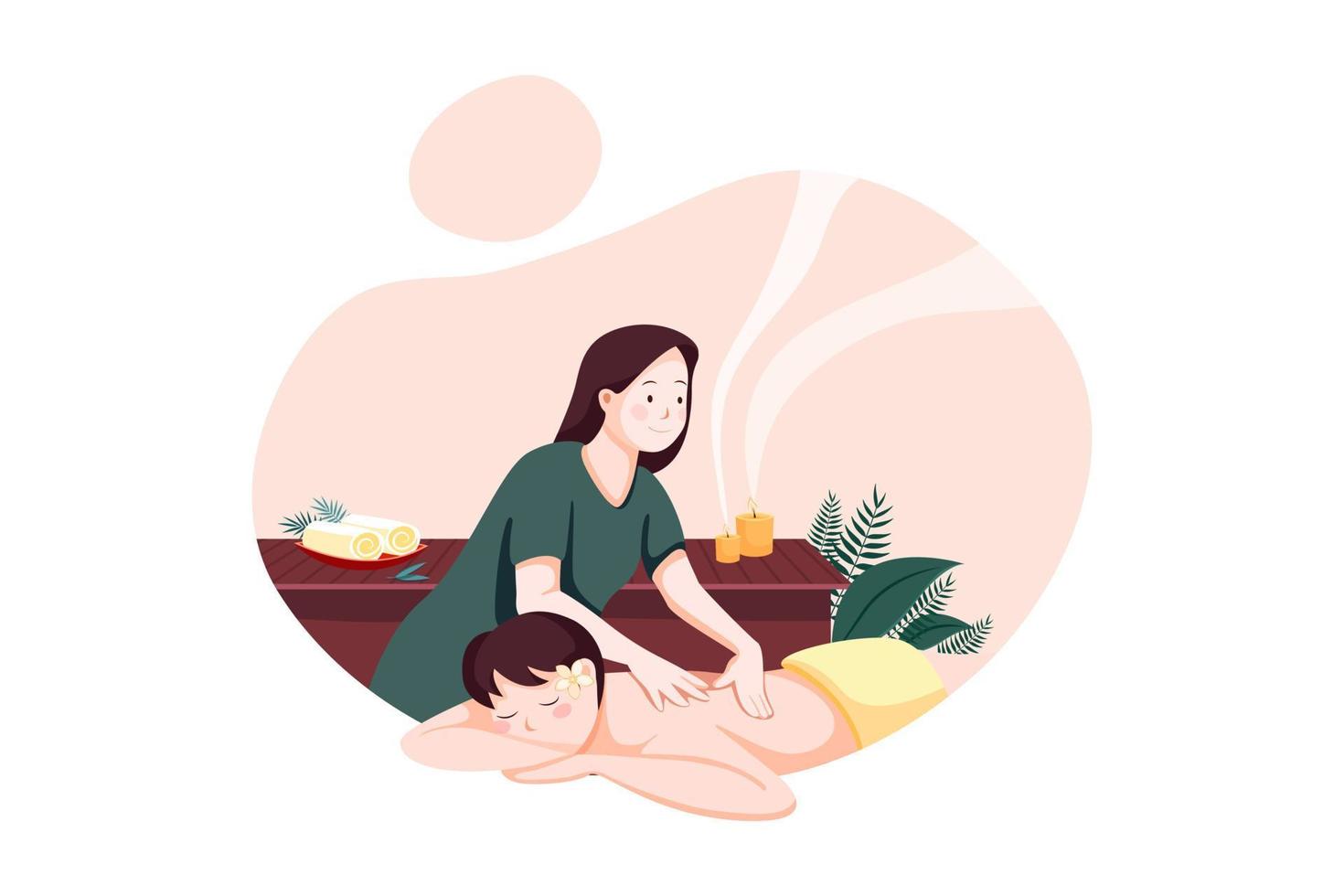 avslappnad kvinna som får ryggmassage i lyxigt spa med professionell massageterapeut. wellness, healing och avkoppling koncept. vektor