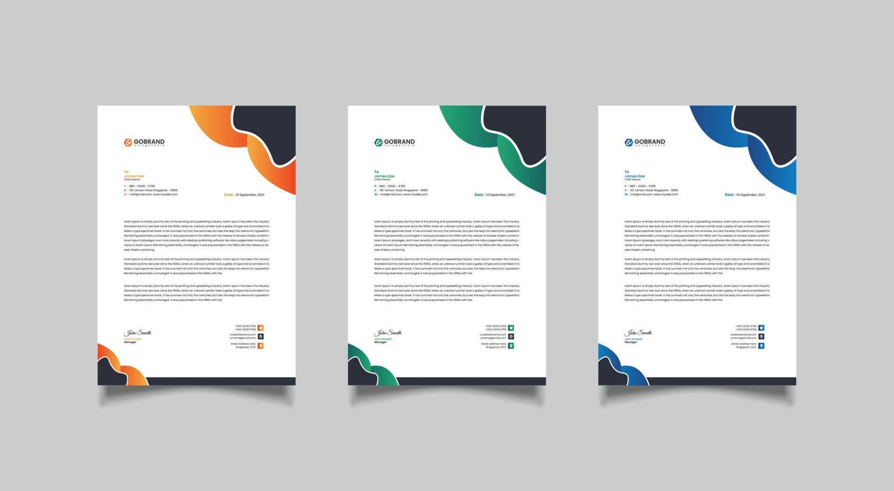 företags moderna brevpapper designmall med gul, blå, grön och röd färg. kreativa moderna brevhuvud formgivningsmall vektor