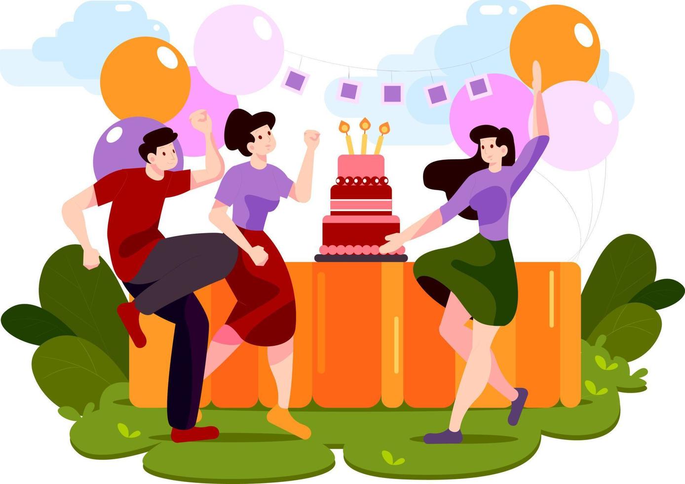 Gruppe junger Menschen mit festlichen Attributen während Tänzen auf der Geburtstagsfeier vektor