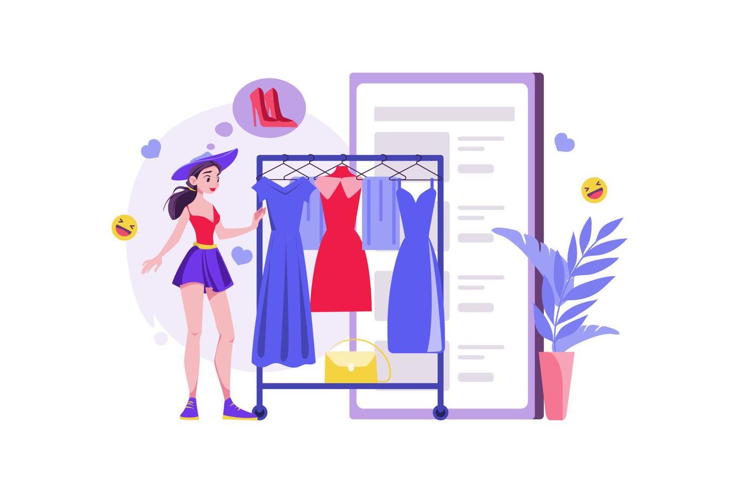 kvinna som väljer kläder i onlinebutiken vektor