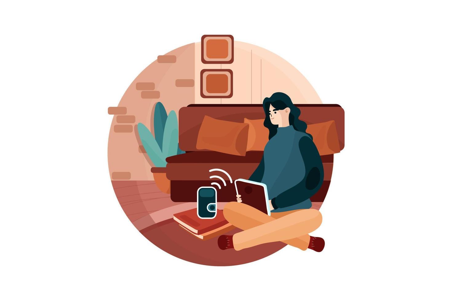 Frauen, die Sprachbefehle verwenden, um Smart-Home-Geräte zu steuern, sitzen mit einem Smart-Lautsprecher und einem Tablet auf dem Boden im Wohnzimmer vektor