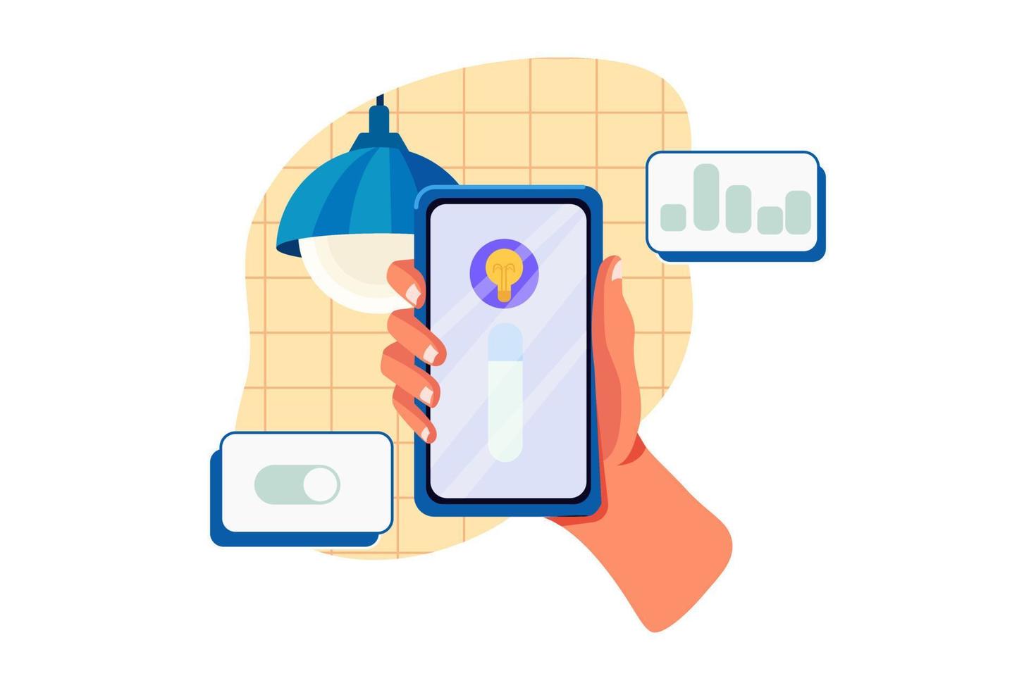 närbild av en mänsklig hand som justerar elektriskt ljus genom mobiltelefonen hemma vektor