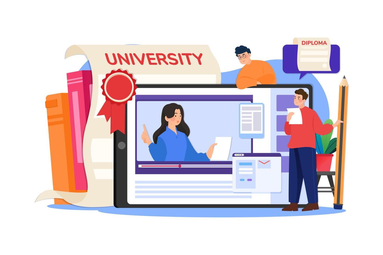 online lärande video utbildningsstöd officiella college universitetskurser kvalifikationer diplom vektor