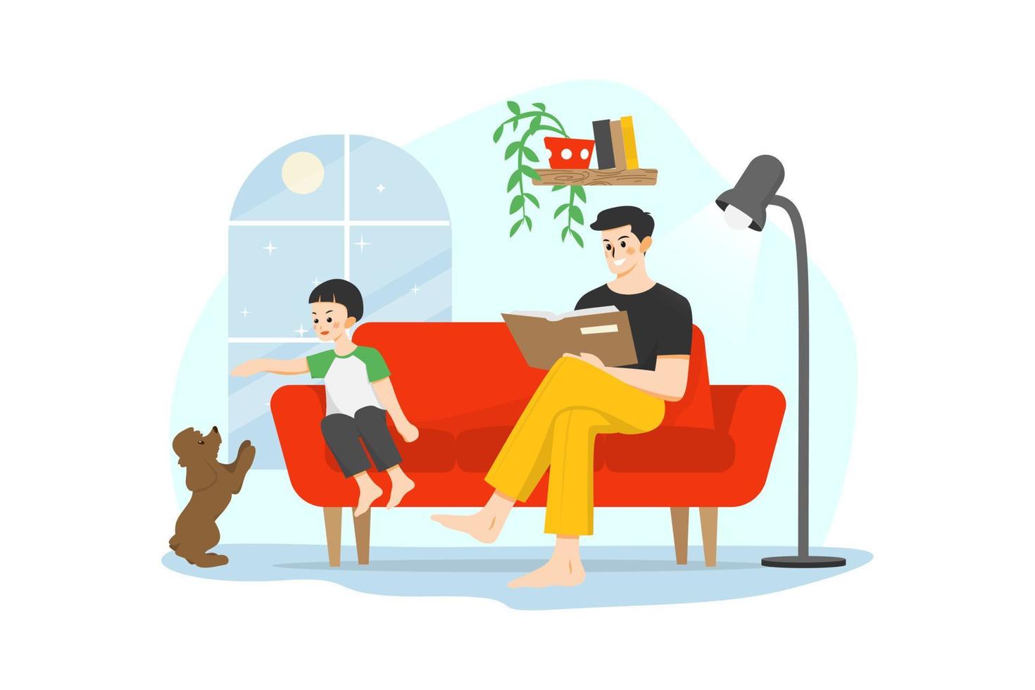 en man som sitter på en soffa och läser bok medan hans son leker med sin hund hemma under karantän vektor