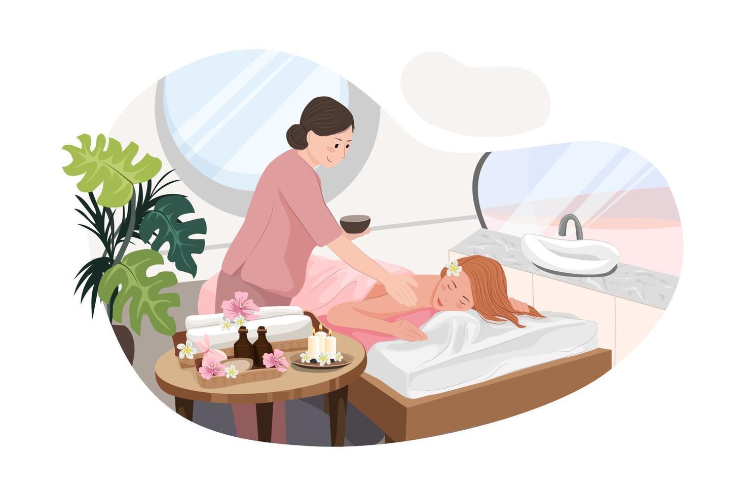 avslappnad kvinna som får ryggmassage i lyxigt spa med professionell massageterapeut. wellness, healing och avkoppling koncept. vektor