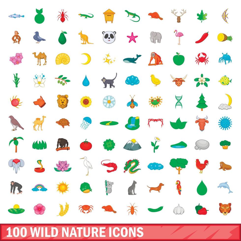 100 vilda natur ikoner set, tecknad stil vektor