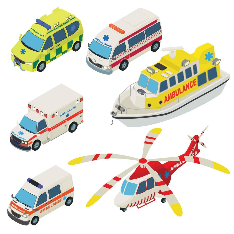 ambulans transport ikoner set, isometrisk stil vektor