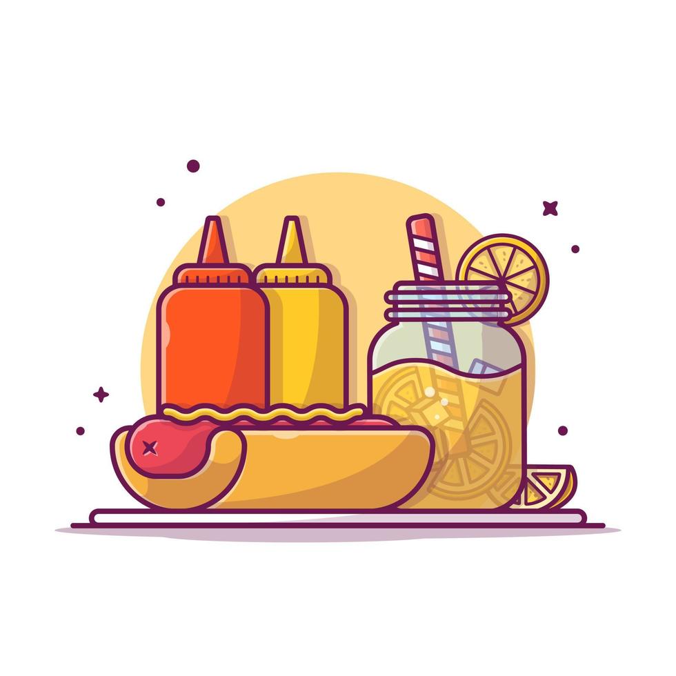 leckeres kombimenü hotdog mit orangensaft, ketchup und senf cartoon vektor symbol illustration. Lebensmittel-Objekt-Icon-Konzept isolierter Premium-Vektor. flacher Cartoon-Stil