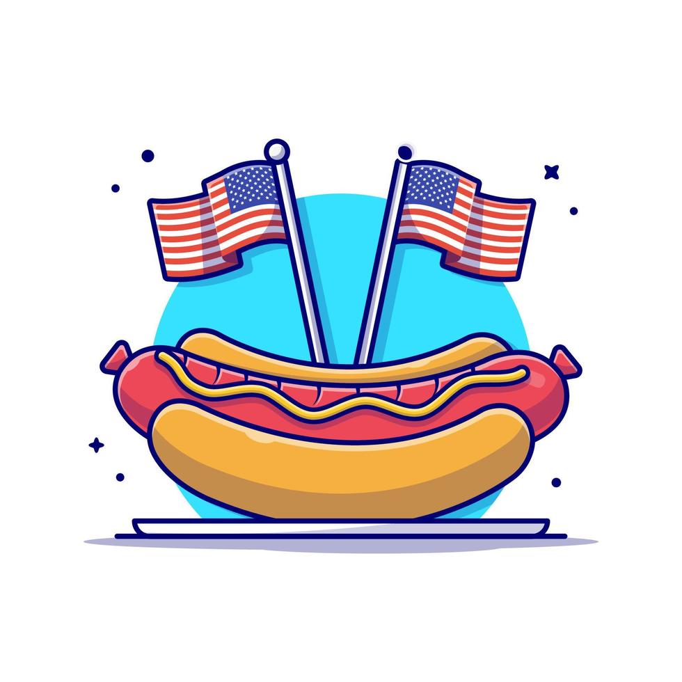 leckerer hotdog auf teller mit usa-unabhängigkeitstag-flaggenkarikatur-vektorsymbolillustration. Lebensmittel-Objekt-Icon-Konzept isolierter Premium-Vektor. flacher Cartoon-Stil vektor