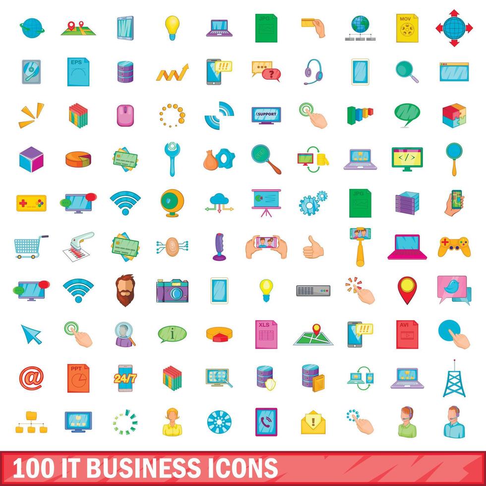 100 it business ikoner set, tecknad stil vektor