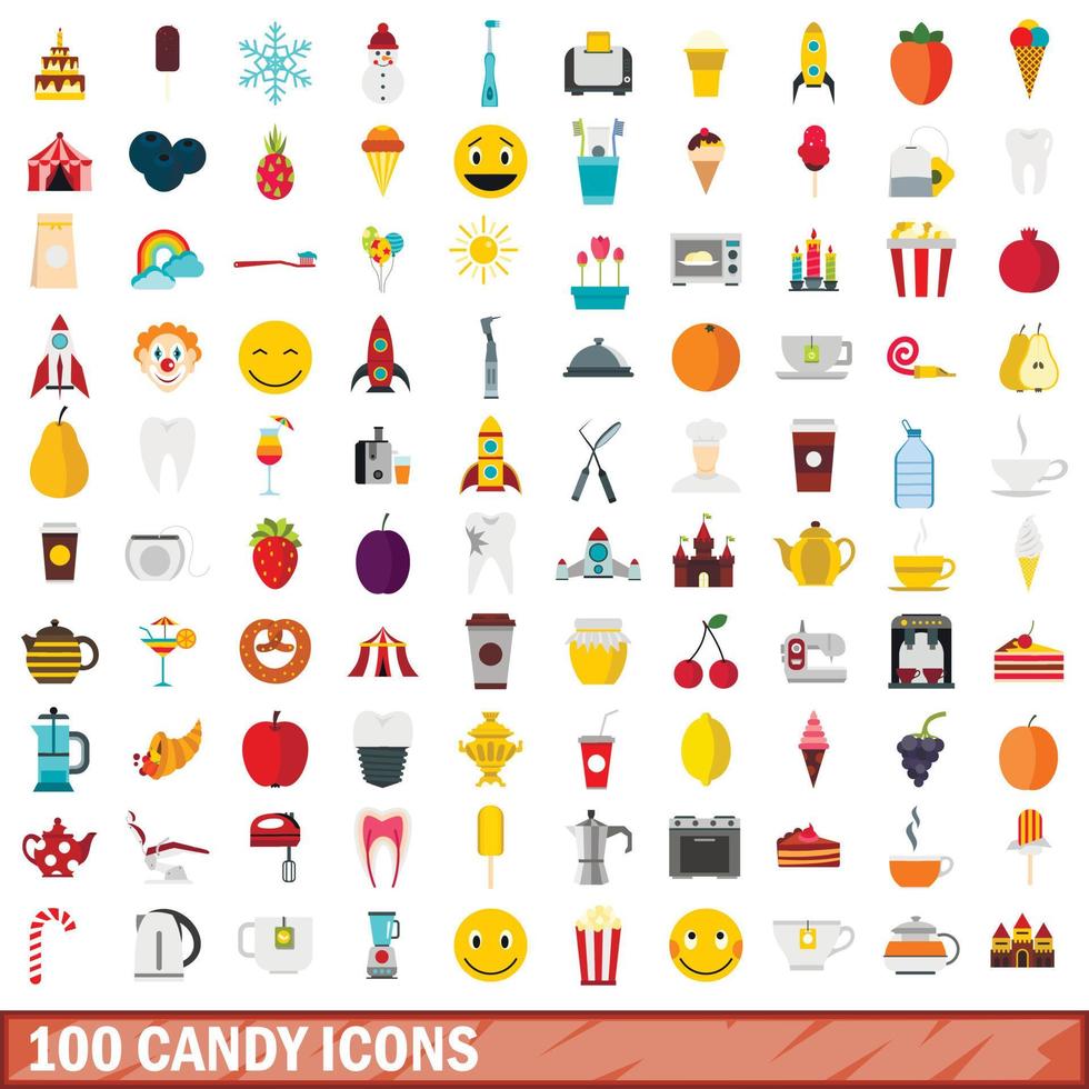 100 godis ikoner set, platt stil vektor