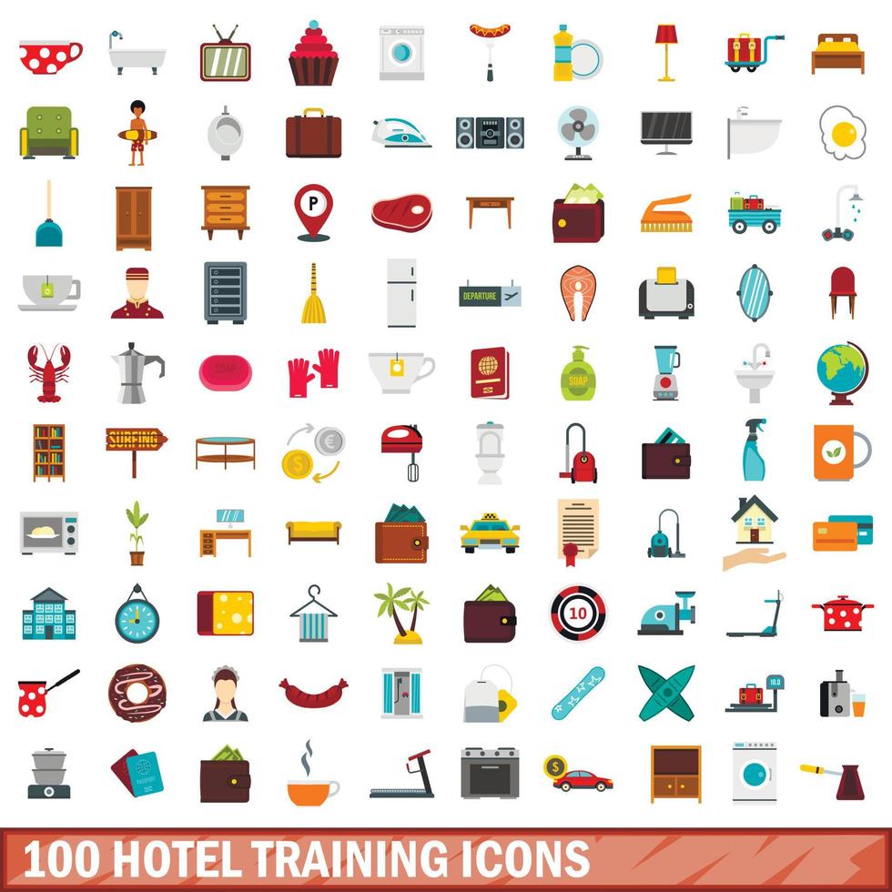 100 Hotelschulungssymbole gesetzt, flacher Stil vektor