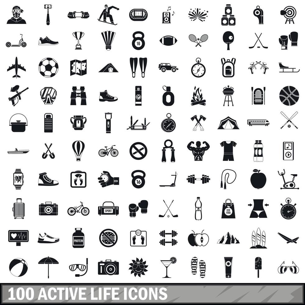100 aktiva liv ikoner i enkel stil vektor