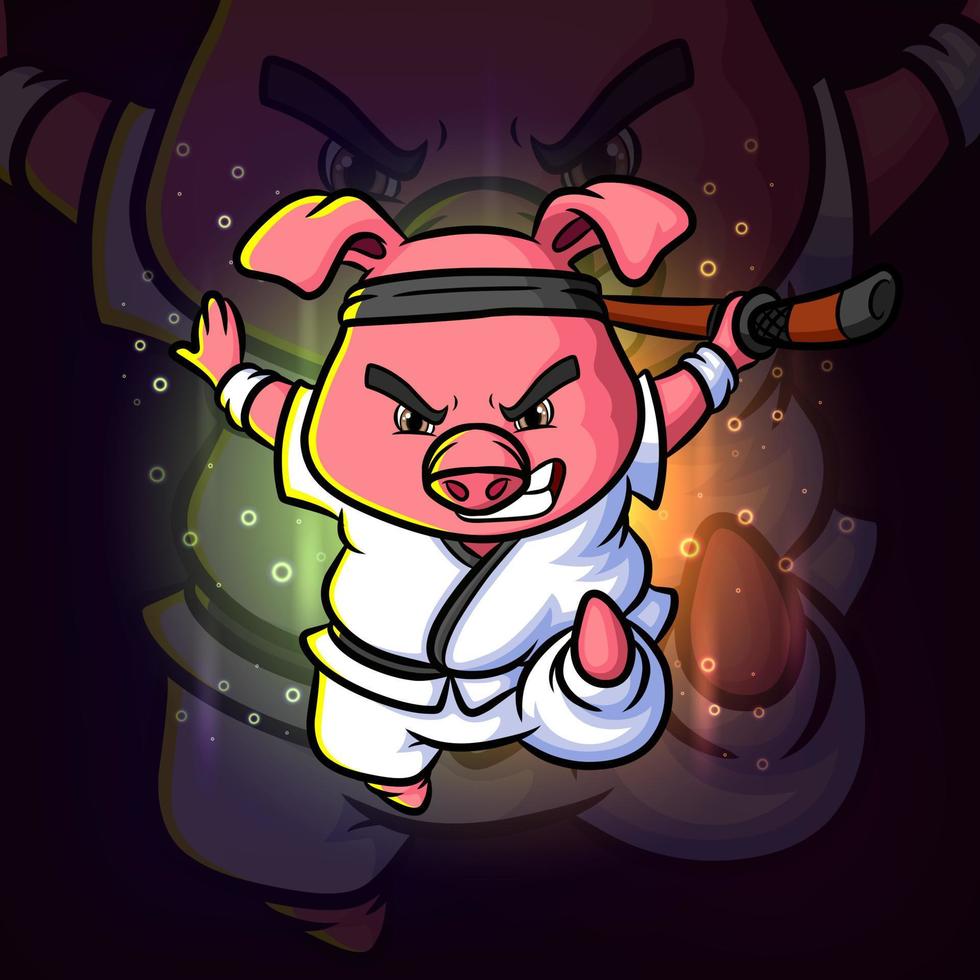 Das Karate-Schwein wird mit dem Stick-Esport-Maskottchen-Logo-Design angegriffen vektor