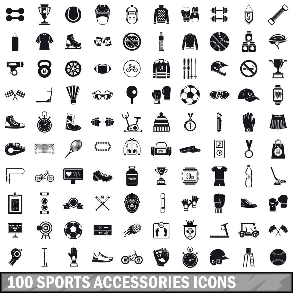 100 Symbole für Sportzubehör, einfacher Stil vektor