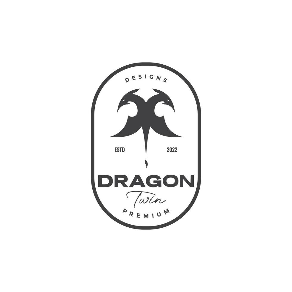 två huvud dragon badge vintage logo design vektor grafisk symbol ikon illustration kreativ idé