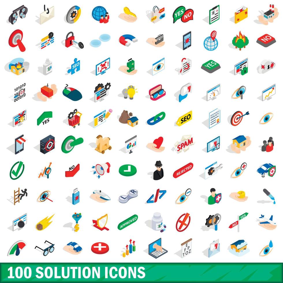 100 lösning ikoner set, isometrisk 3d-stil vektor
