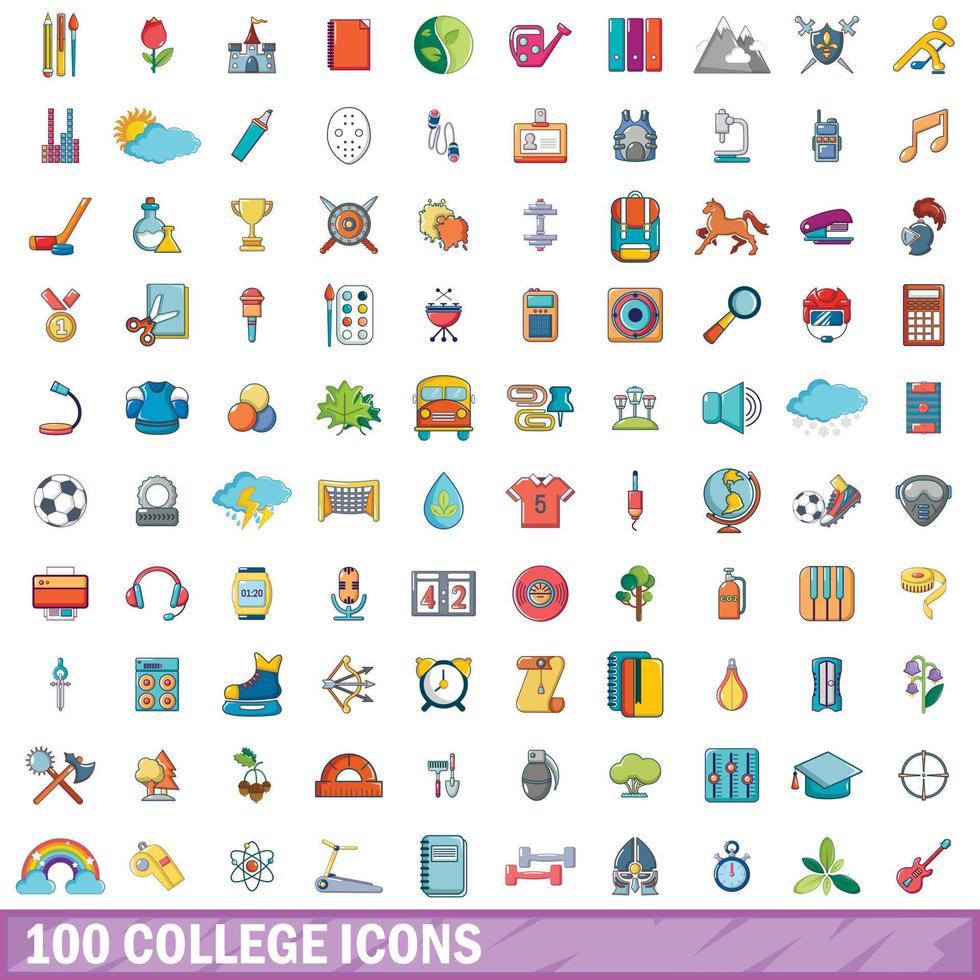 100 college ikoner set, tecknad stil vektor