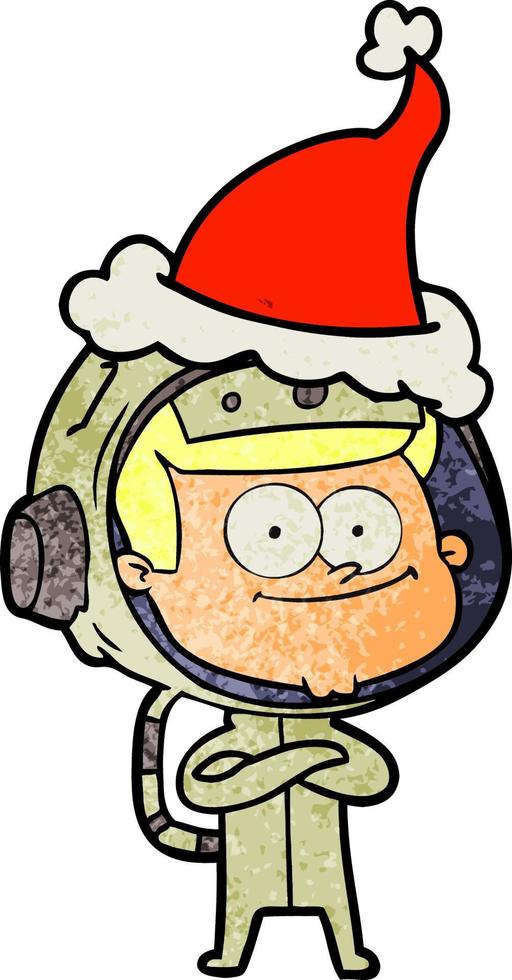 glücklicher astronaut strukturierter cartoon einer tragenden weihnachtsmütze vektor