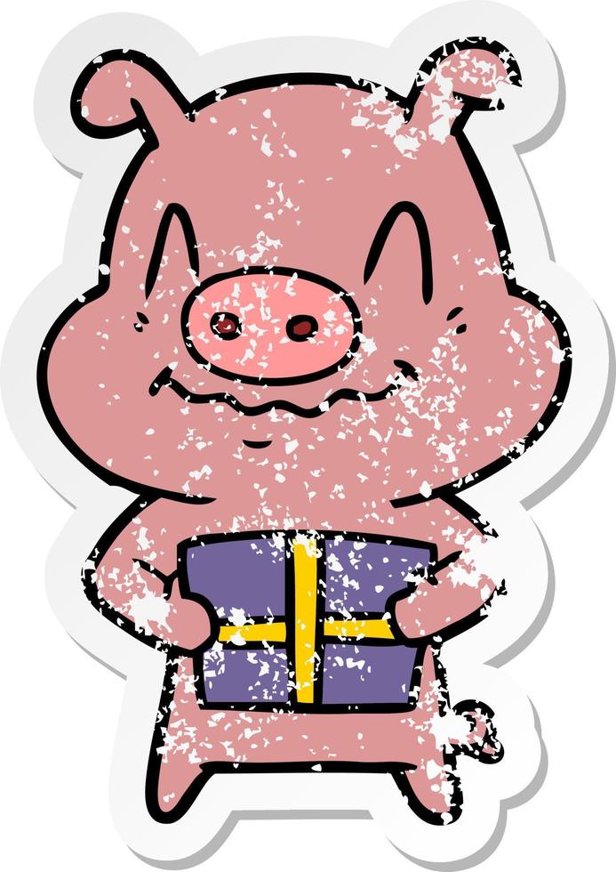 beunruhigter Aufkleber eines nervösen Cartoon-Schweins mit Geschenk vektor