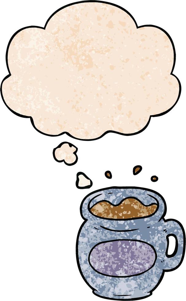 Cartoon-Kaffeetasse und Gedankenblase im Grunge-Texturmuster-Stil vektor