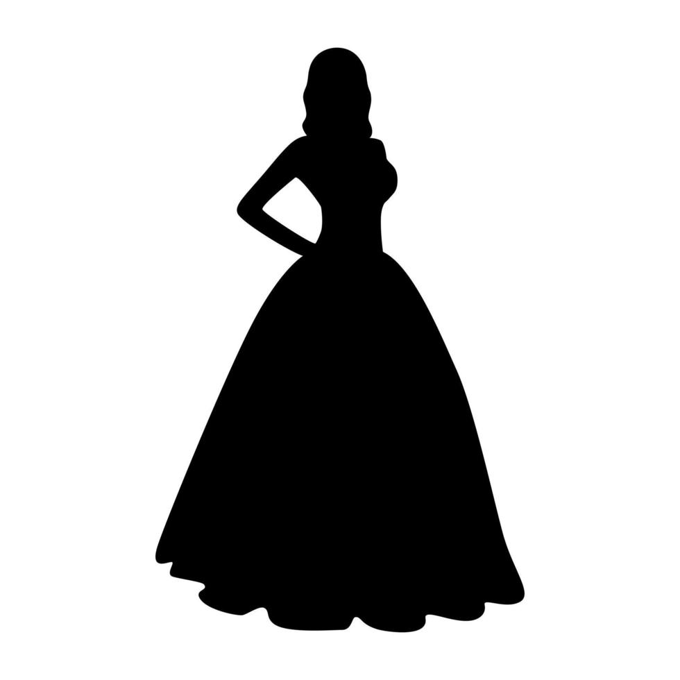 Braut im geschwollenen Hochzeitskleid schwarz isolierte Silhouette auf weißem Hintergrund vektor