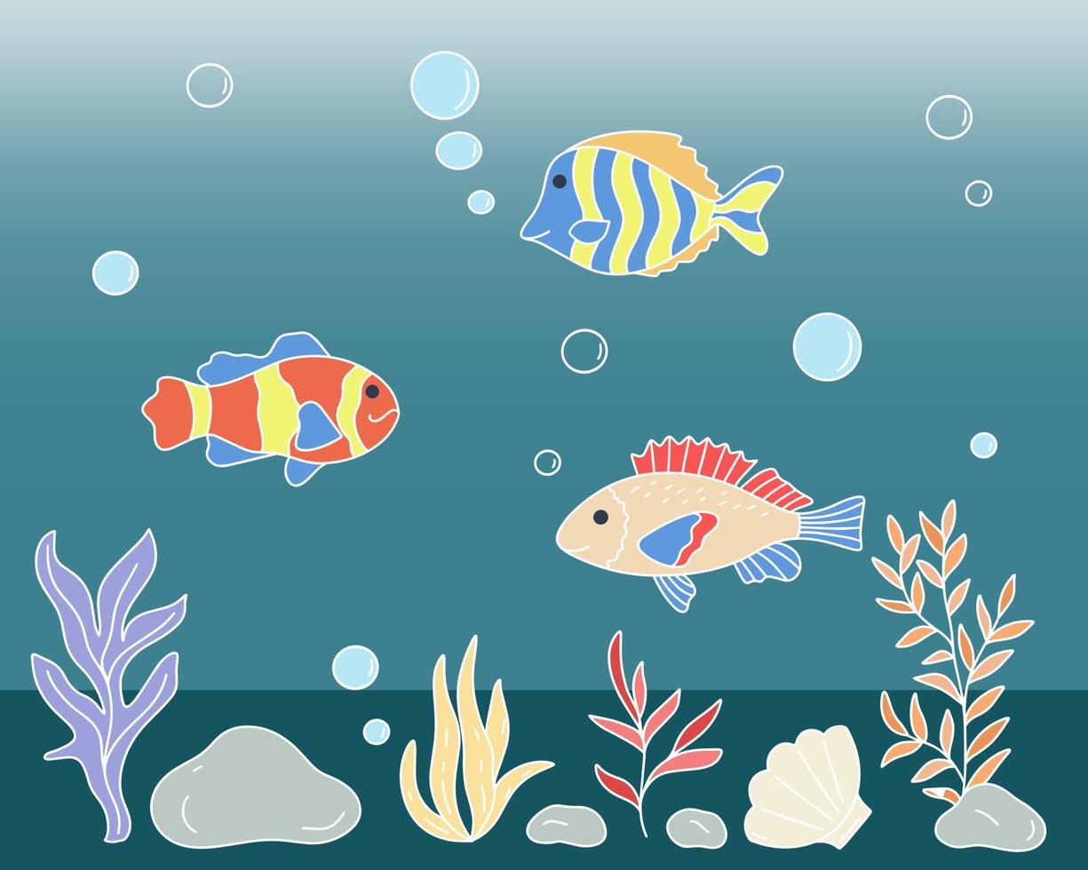 marine Unterwasserwelt mit Fischen und Algen vektor