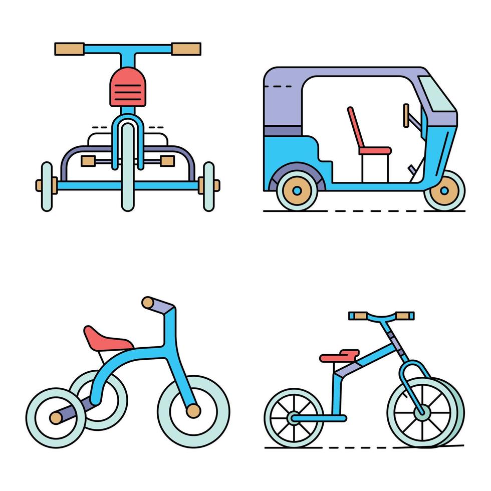 trehjuling ikonuppsättning linje färg vektor