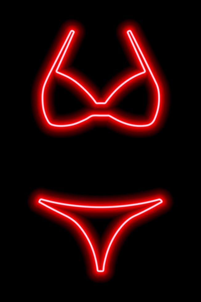 rote Neonsilhouette eines Damenbadeanzugs auf schwarzem Hintergrund. Bikini. Vektor-Illustration vektor