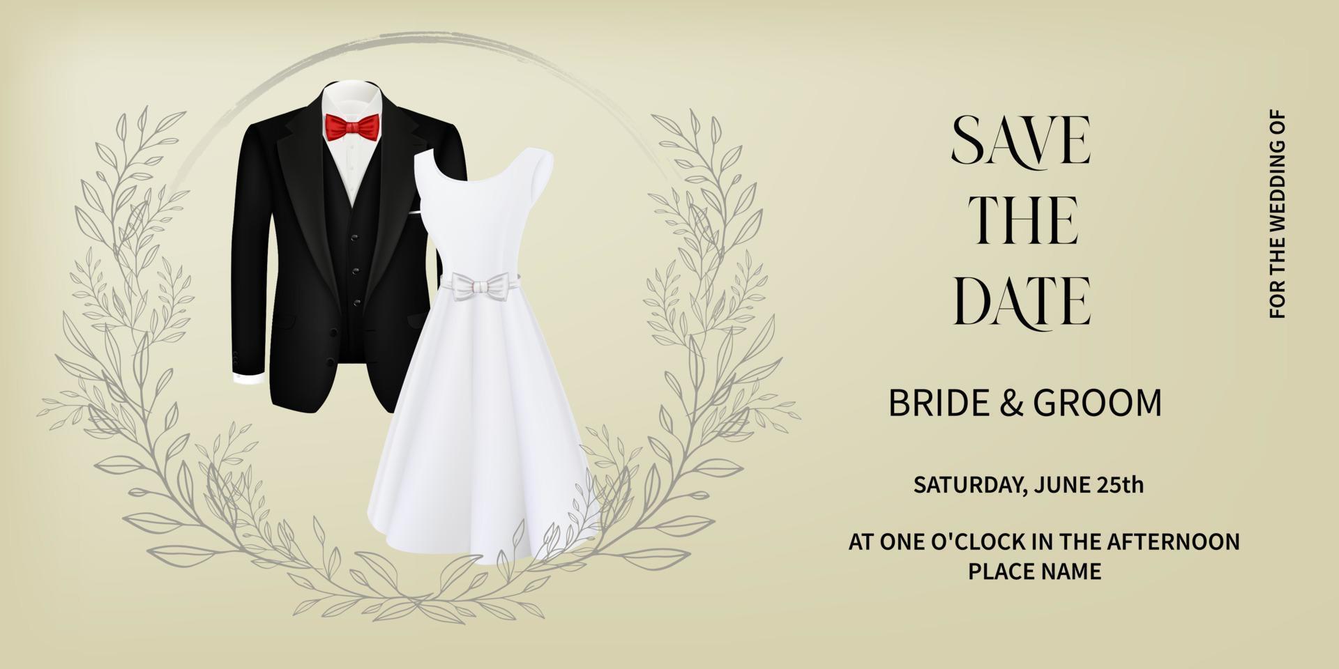 bröllopsinbjudan med silhuetter av bruden och brudgummen i profil. en vykortsmall med en inskription på en beige bakgrund. vektor