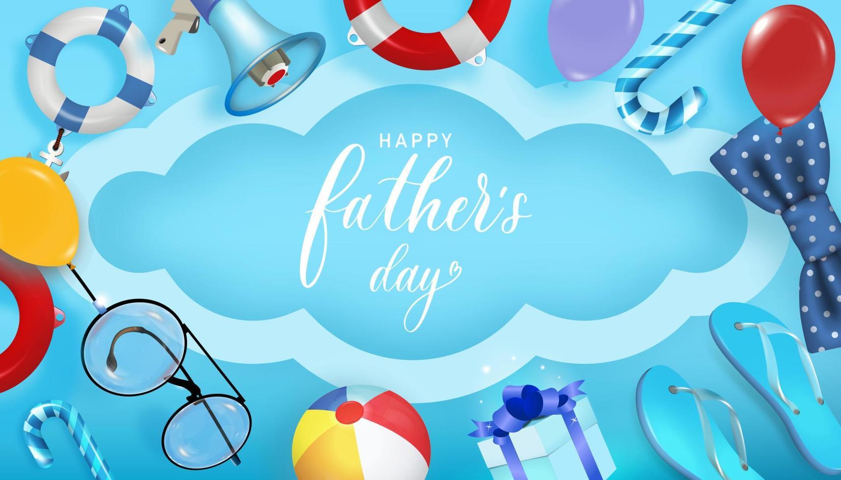 Happy Father's Day Poster oder Banner-Vorlage mit Krawatte, Brille und Luftballons auf blauem Hintergrund. herzlichen glückwunsch und geschenke zum vatertag. vorlage für das konzept der liebe papa vektor