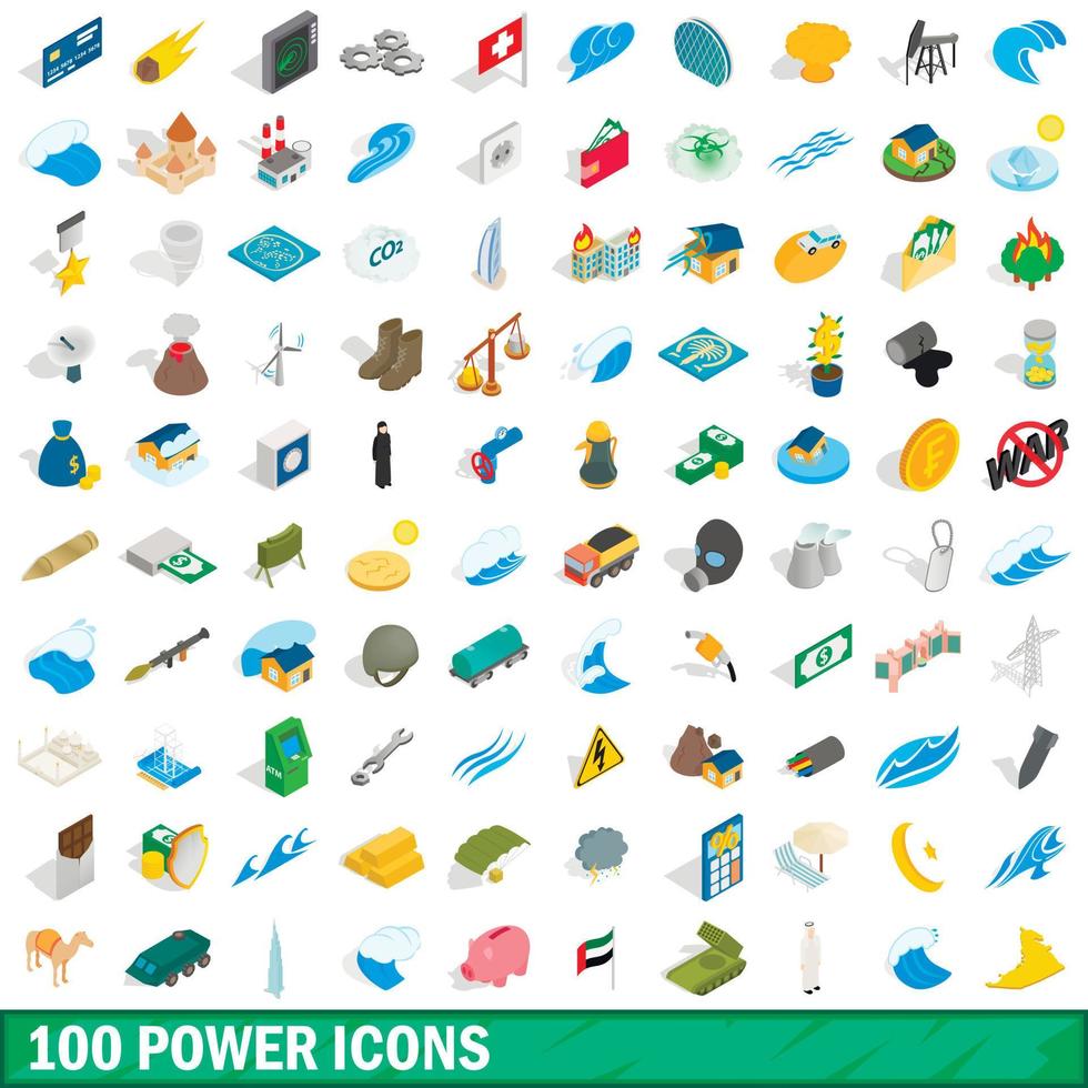 100 Power-Icons gesetzt, isometrischer 3D-Stil vektor