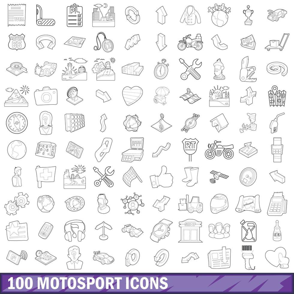 100 Motorsport-Icons gesetzt, Umrissstil vektor