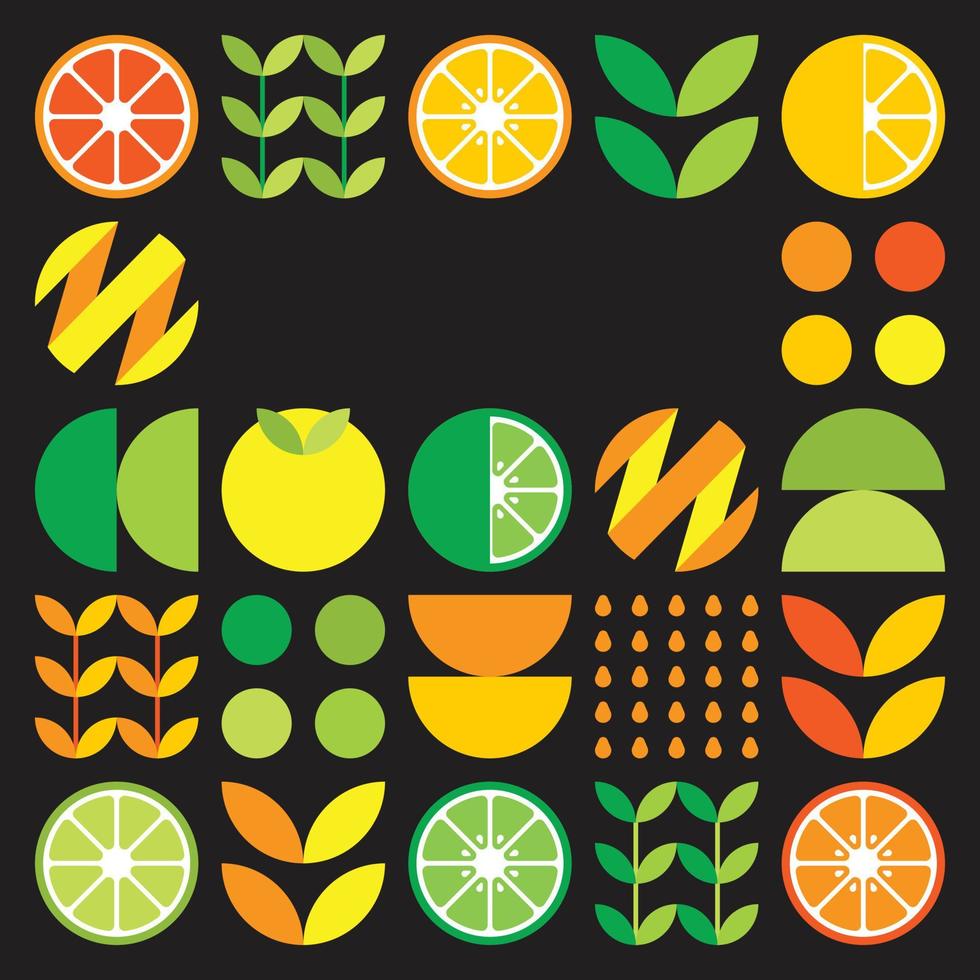 minimalistisk platt vektorram i citrusfruktsymbol. enkel geometrisk illustration av apelsiner, citroner, lemonad och löv. abstrakt orange design på svart bakgrund. bra för affischer eller banderoller. vektor