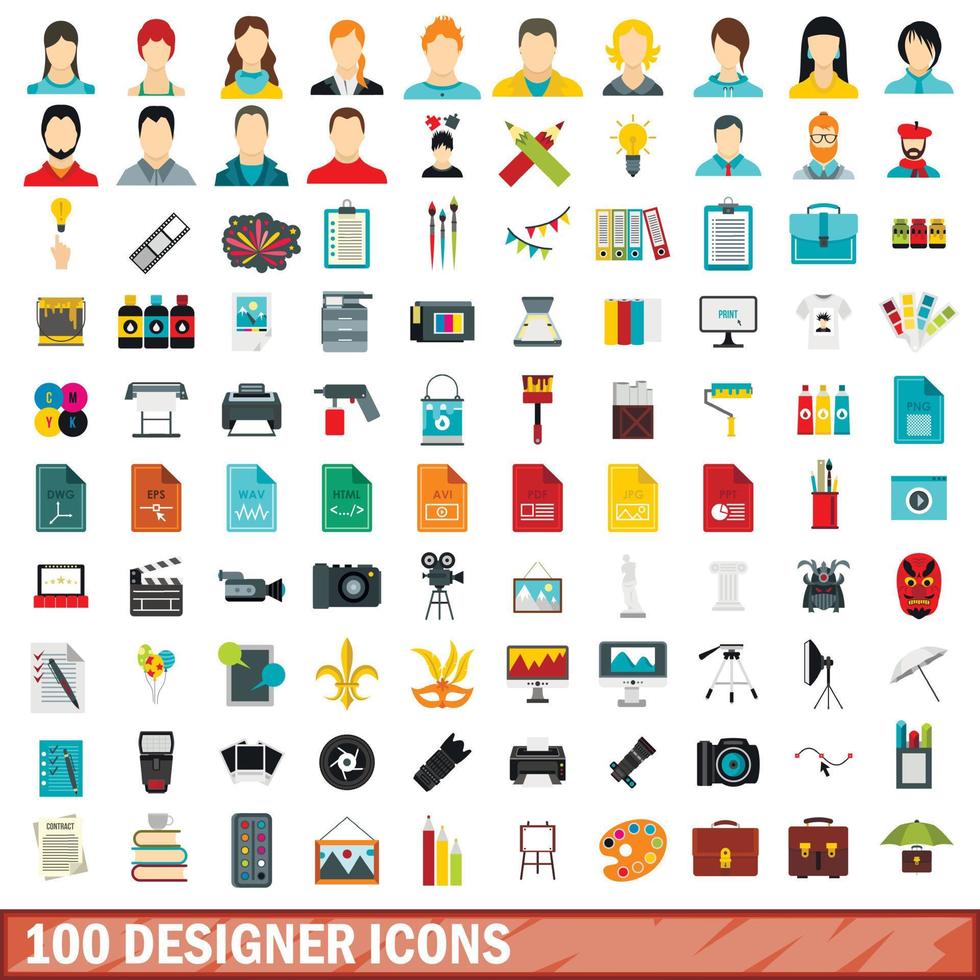 100 Designer-Icons gesetzt, flacher Stil vektor