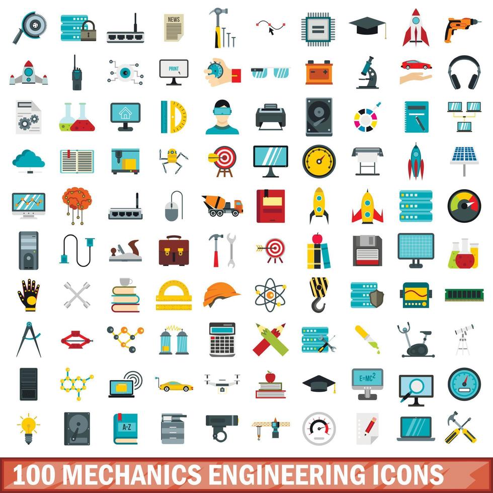 100 mekanik tekniska ikoner set, platt stil vektor