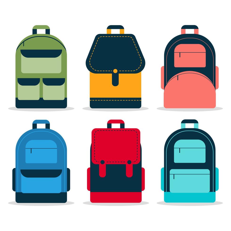 set med ryggsäck eller skolväska i olika former och färger. vektorillustration av utbildningsobjekt för elever och studenter som ryggsäck, ryggsäck eller väska att gå i skolan eller högskolan. vektor