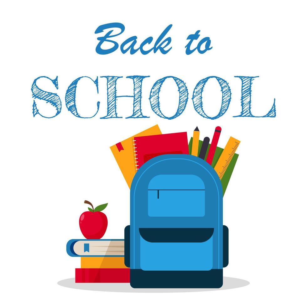 Välkommen tillbaka till skolan reklamaffisch eller banderoll med bunt färgglada böcker, rött äpple, skolmaterial och skrivböcker i ryggsäcken på vit bakgrund. vektor illustration i platt stil.