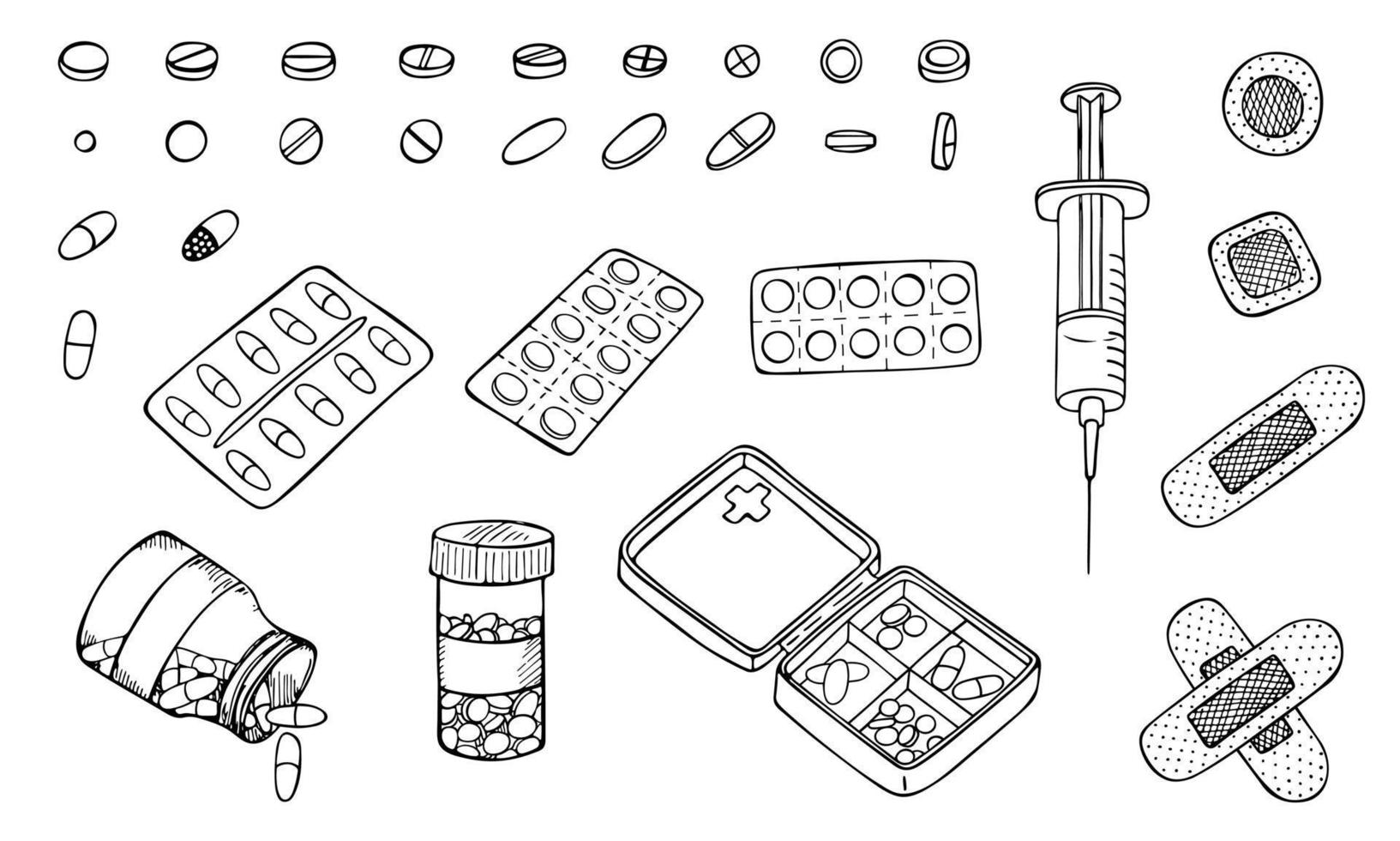 vektor skiss uppsättning piller blisterpaket, spruta och plåster isolerad på vit bakgrund. handritad piller ikon. doodle medicinsk illustration. för tryck, webb, design, dekor, logotyp.