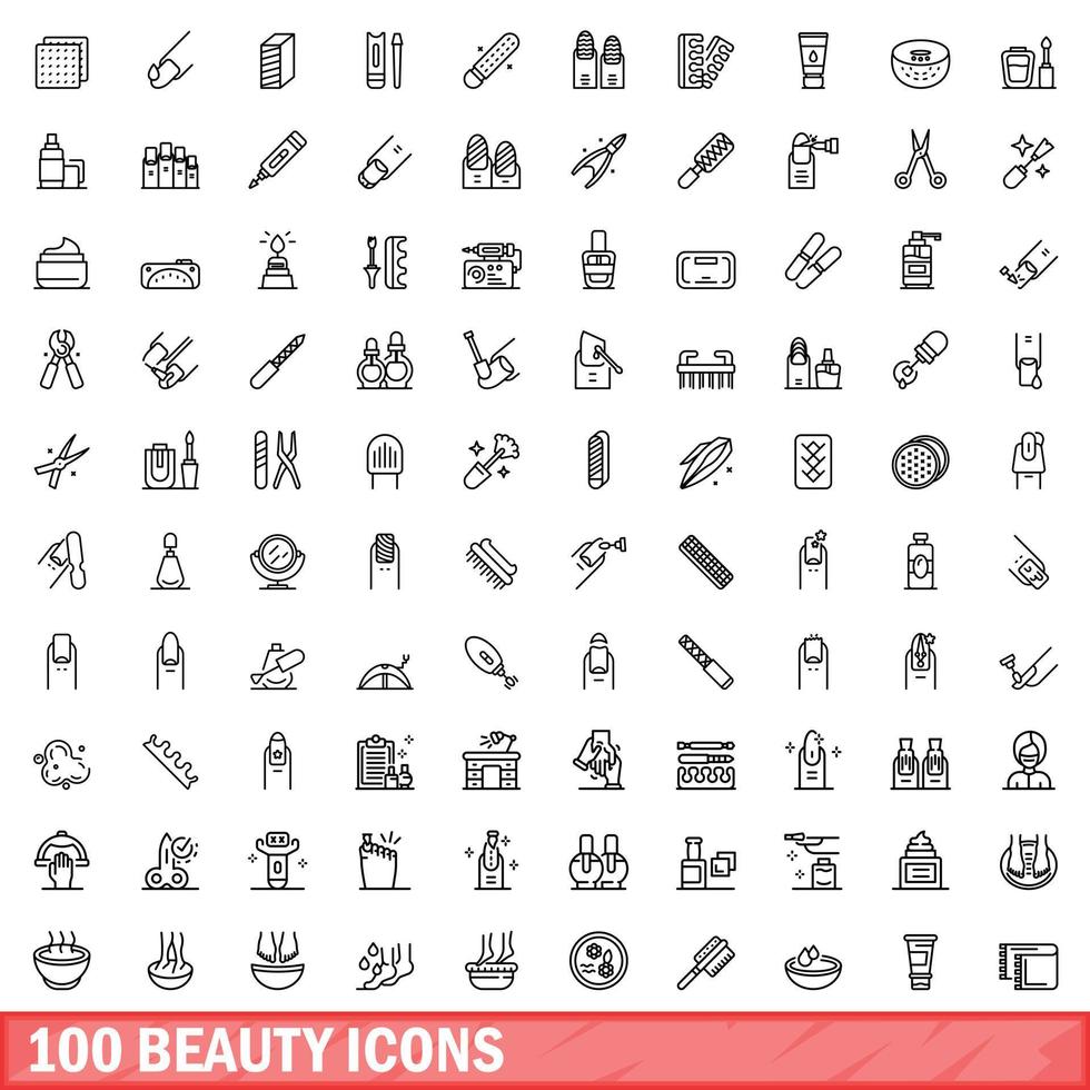 100 Beauty-Icons gesetzt, Umrissstil vektor