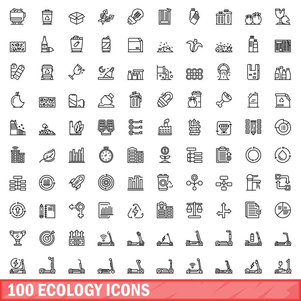 100 Ökologie-Icons gesetzt, Umrissstil vektor