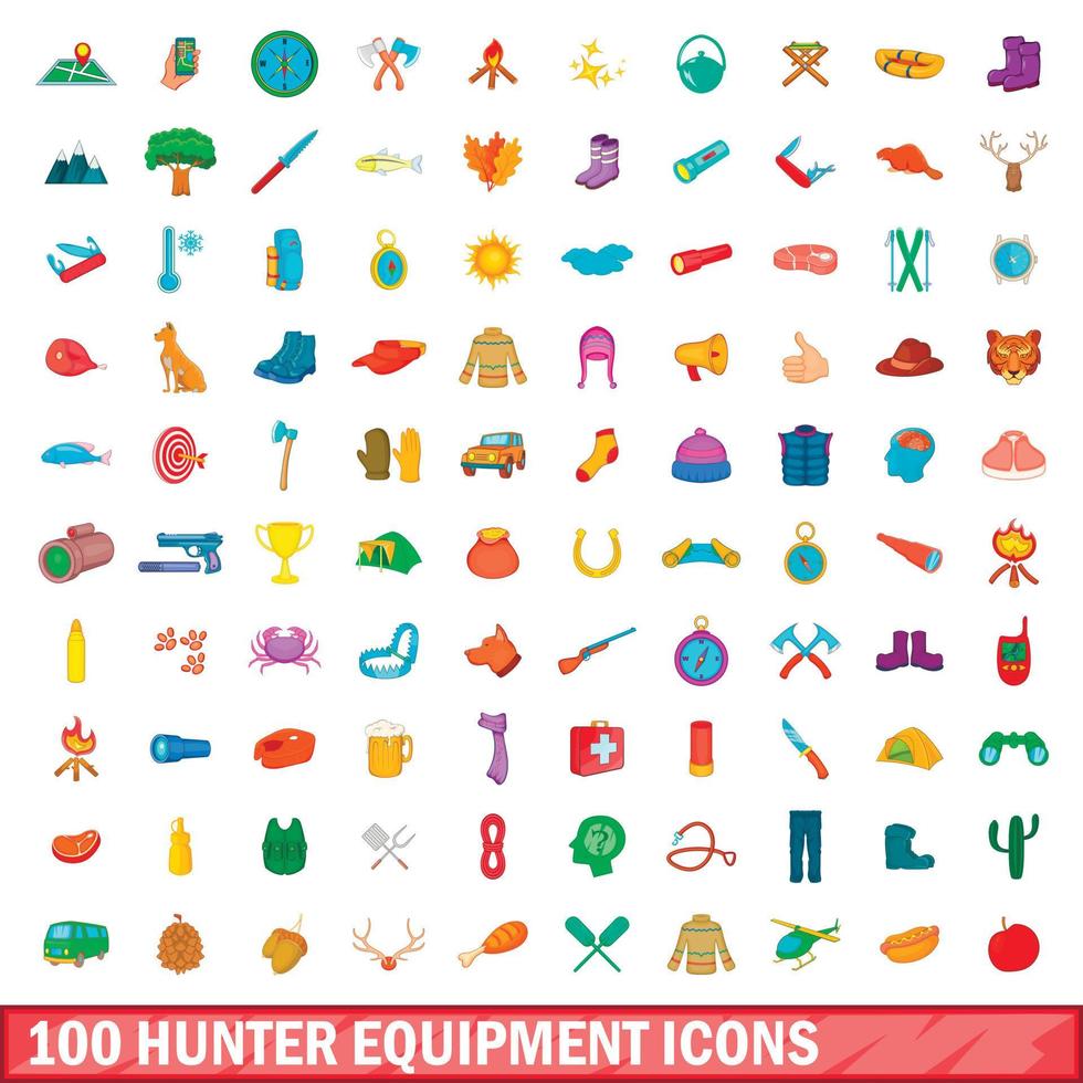 100 Symbole für Jägerausrüstung im Cartoon-Stil vektor