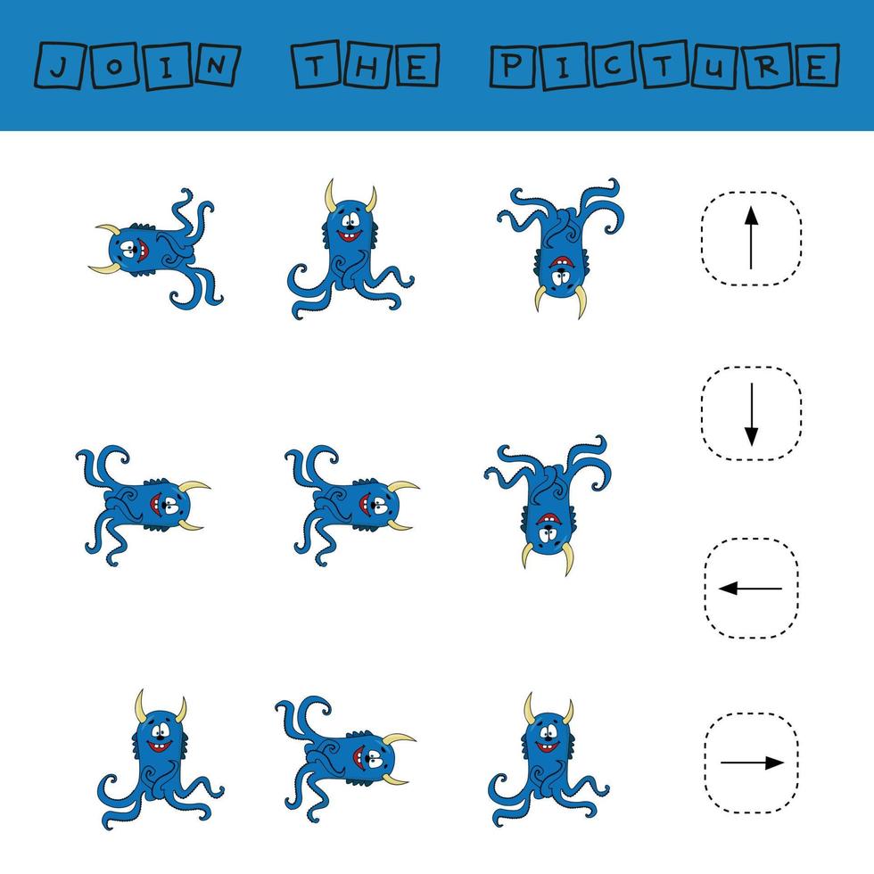 Richten Sie die Richtungen der Monster aus. pädagogisches kinderspiel, arbeitsblatt für aktivitäten mit kindern, vektorillustration vektor